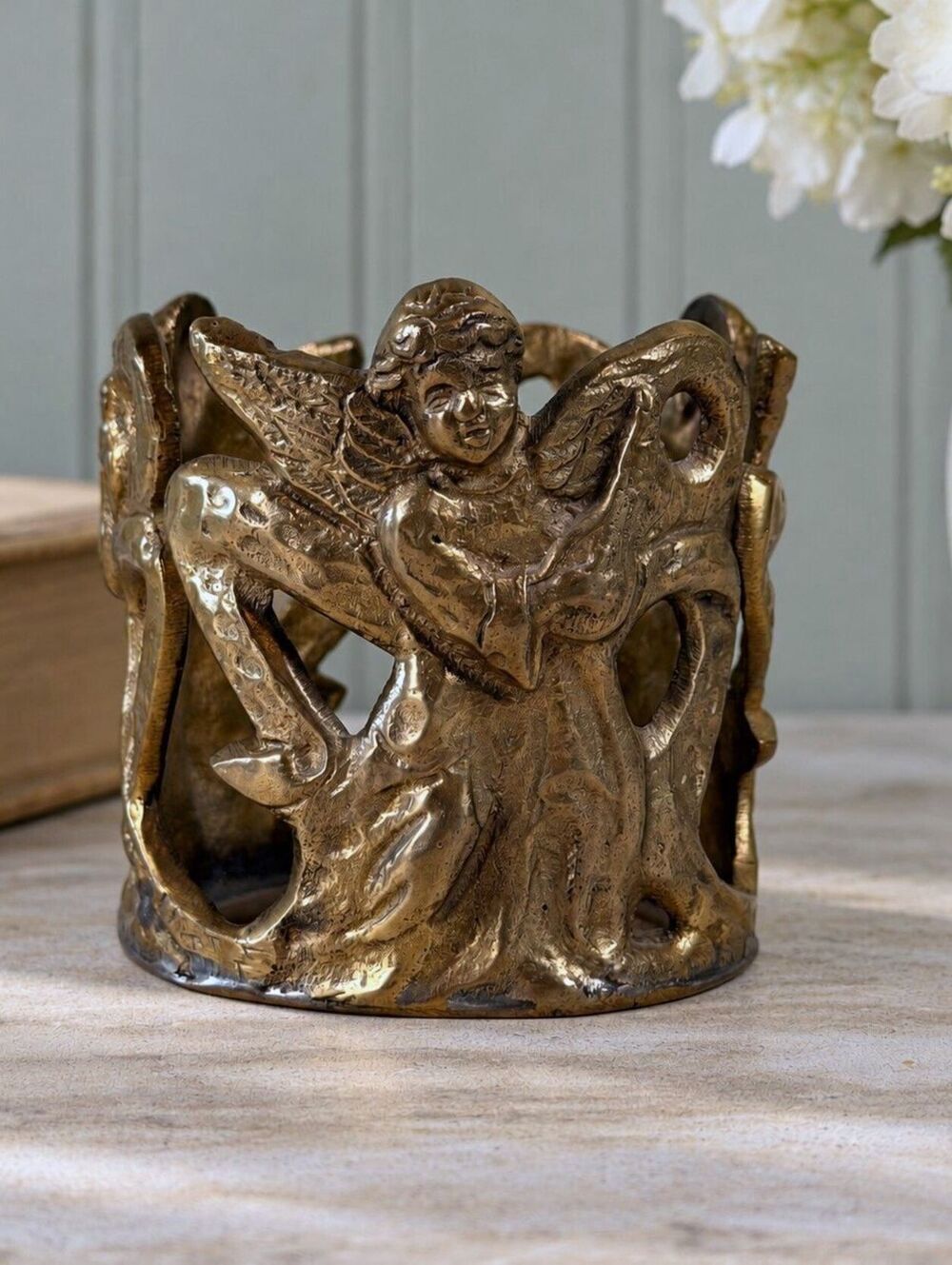 Vintage Heavy Brass Ornate Figural Angel Votive Candle Holder | Andrea by Sadek